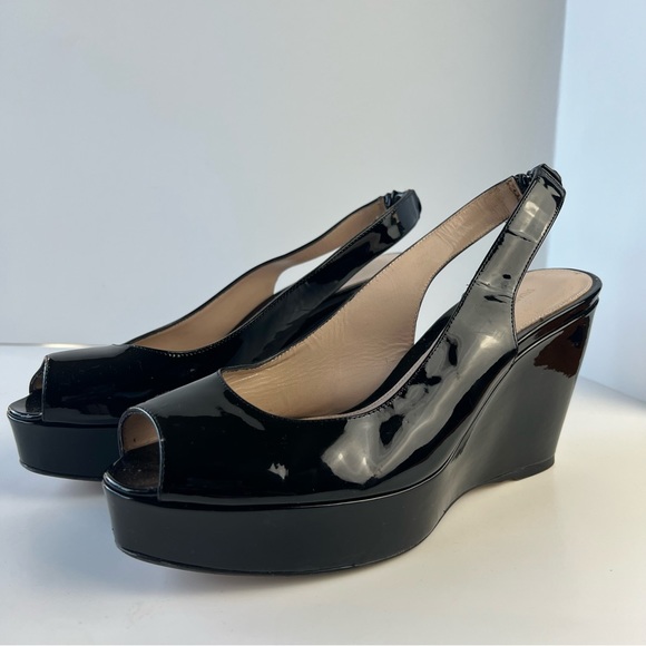 Stuart Weitzman Peep Toe Patent Leather Platform Slingback Wedges - Picture 2 of 12